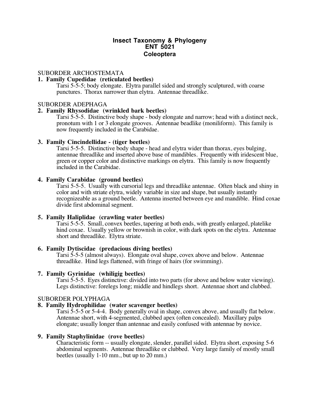 Insect Taxonomy & Phylogeny ENT 5021 Coleoptera