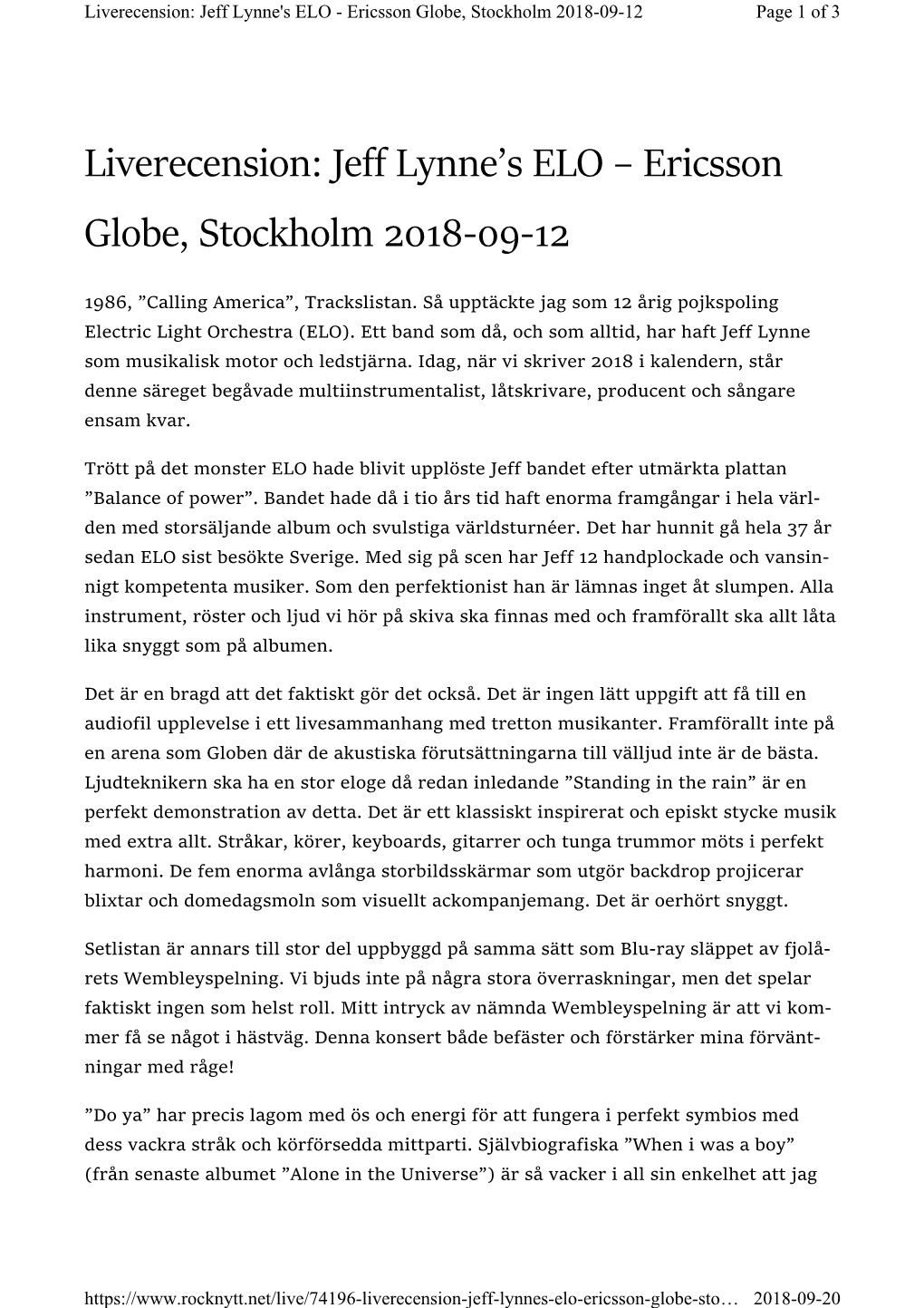 Jeff Lynne's ELO - Ericsson Globe, Stockholm 2018-09-12 Page 1 of 3