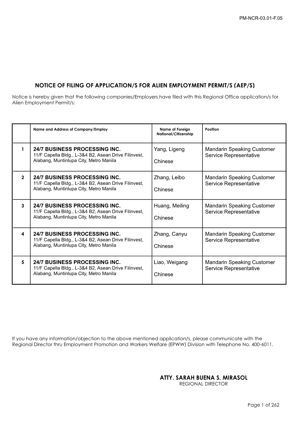 Notice of Filing of Application/S for Alien Employment Permit/S (Aep/S)