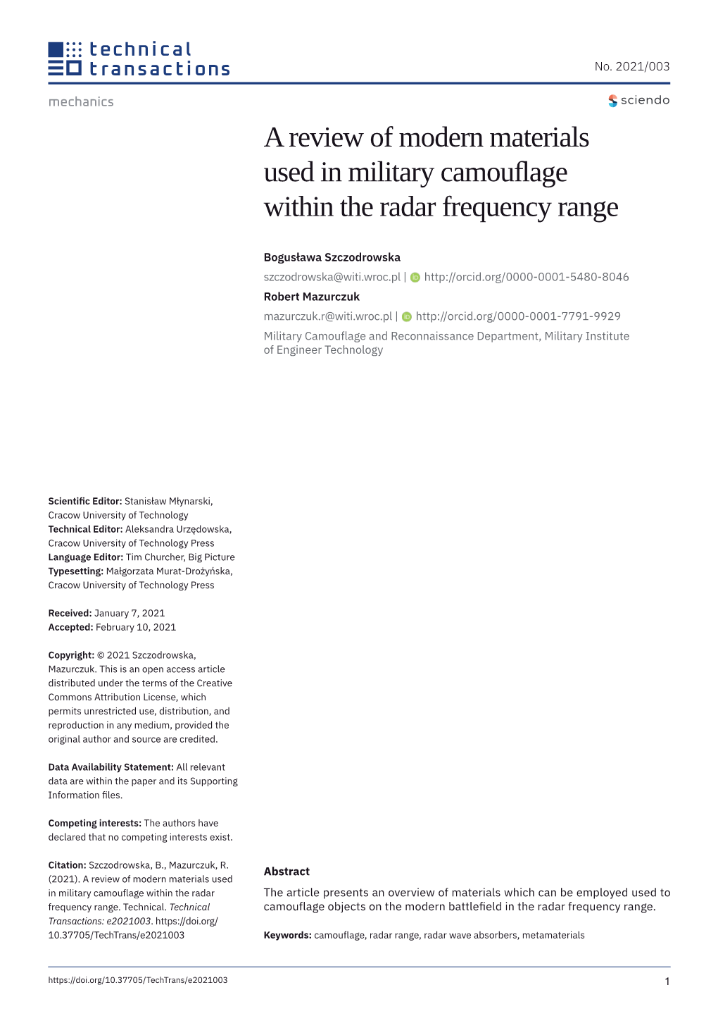 A Review of Modern Materials Used in Military Camouflage Within the Radar Frequency Range