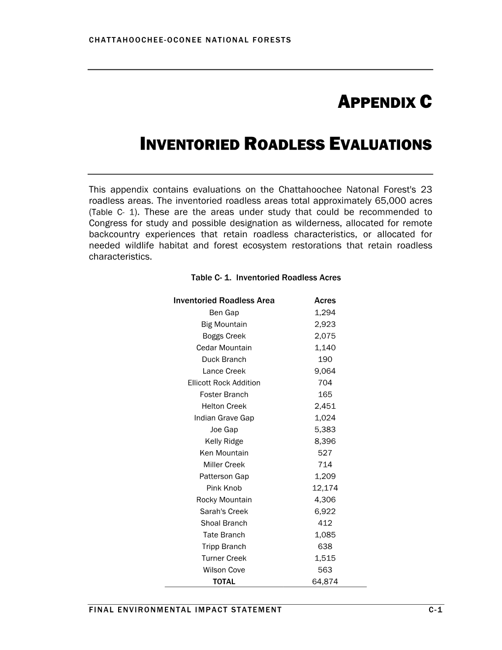 Appendix C Inventoried Roadless Evaluations