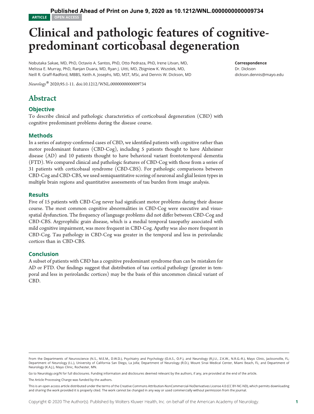 Clinical and Pathologic Features of Cognitive-Predominant Corticobasal Degeneration Nobutaka Sakae, Octavio A