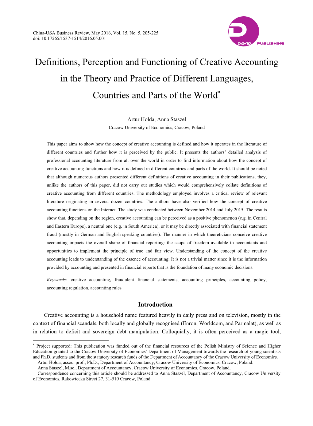 Definitions, Perception and Functioning of Creative Accounting in the Theory and Practice of Different Languages, Countries and Parts of the World∗