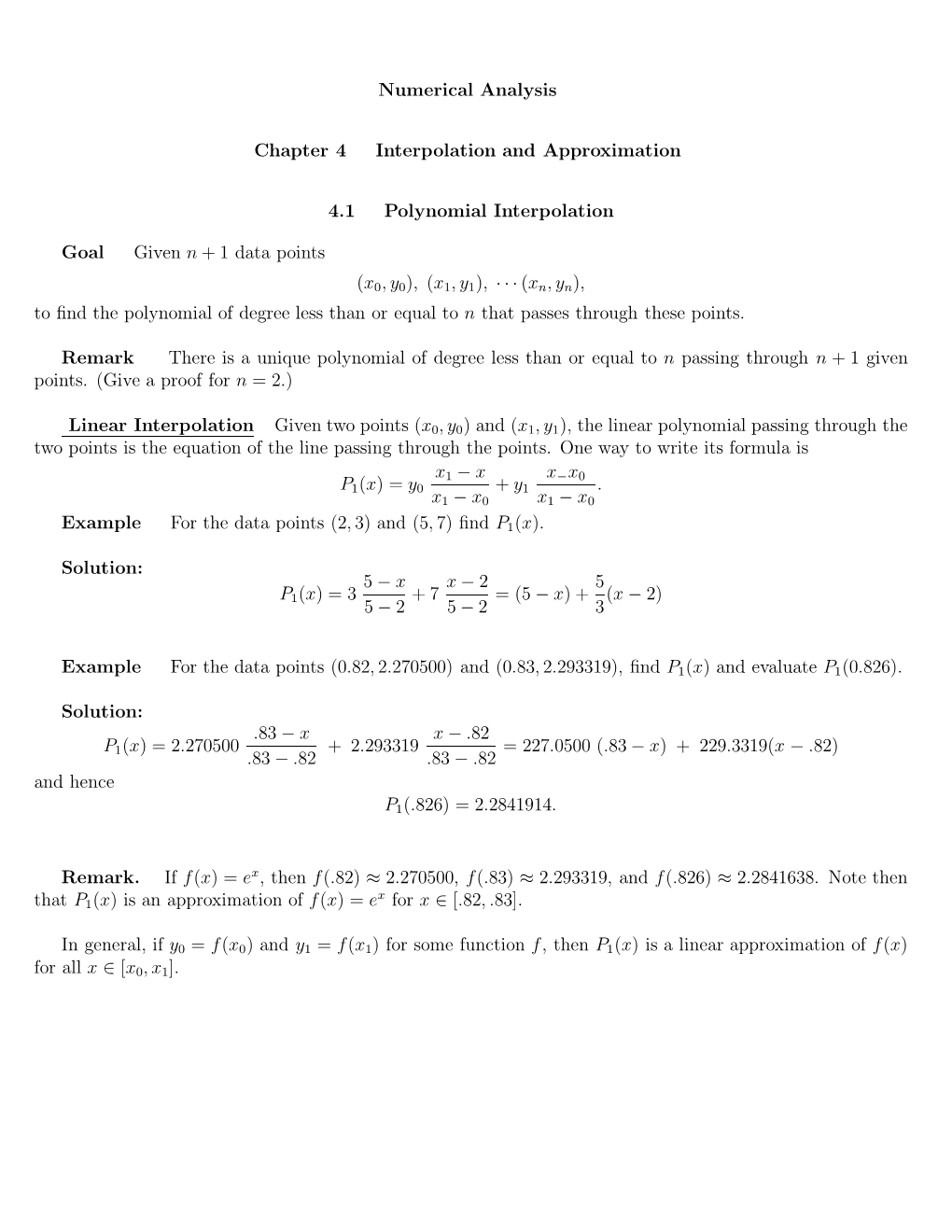 Numerical Analysis Chapter 4 Interpolation and Approximation 4.1