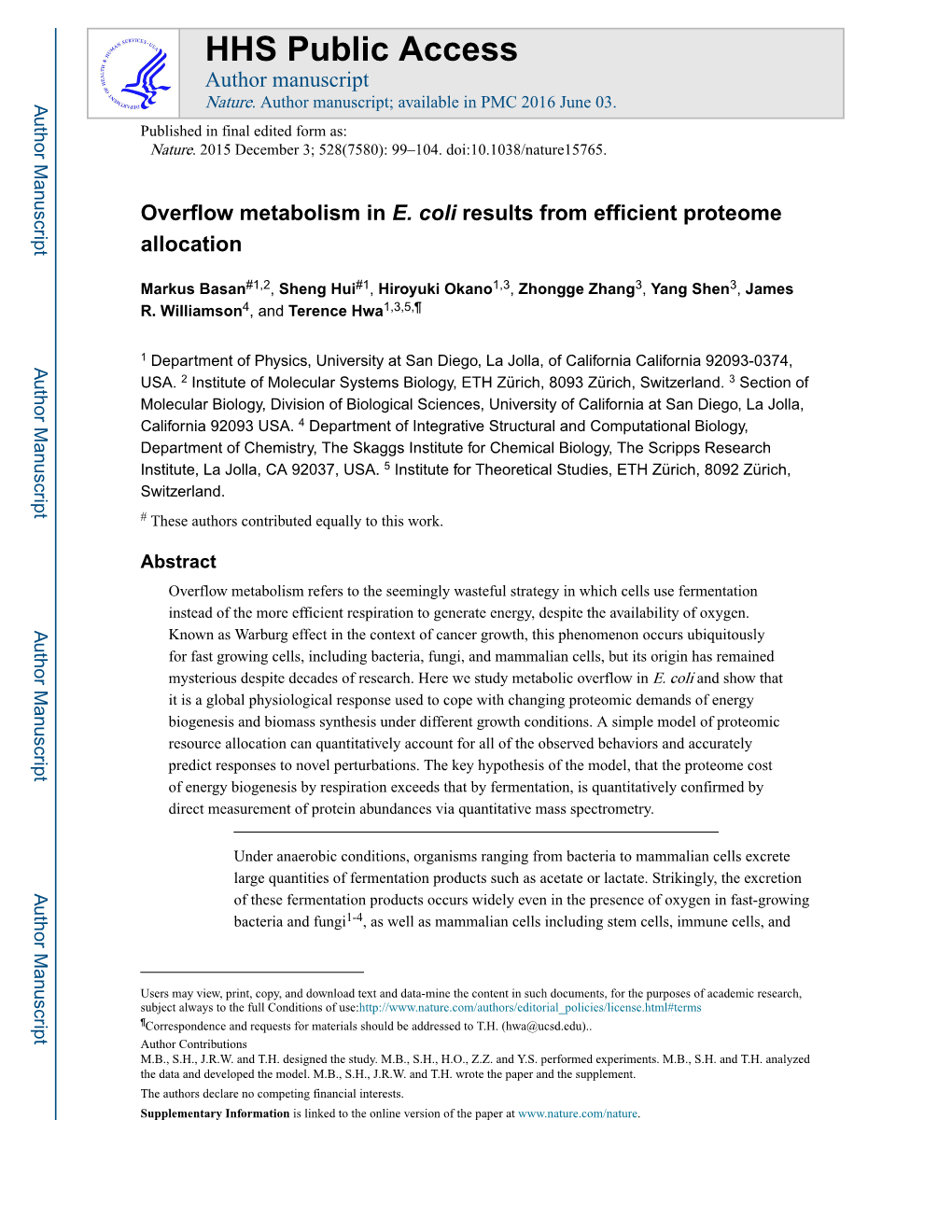 Overflow Metabolism in E. Coli Results from Efficient Proteome Allocation