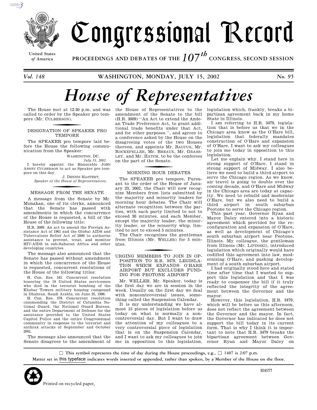 Congressional Record United States Th of America PROCEEDINGS and DEBATES of the 107 CONGRESS, SECOND SESSION