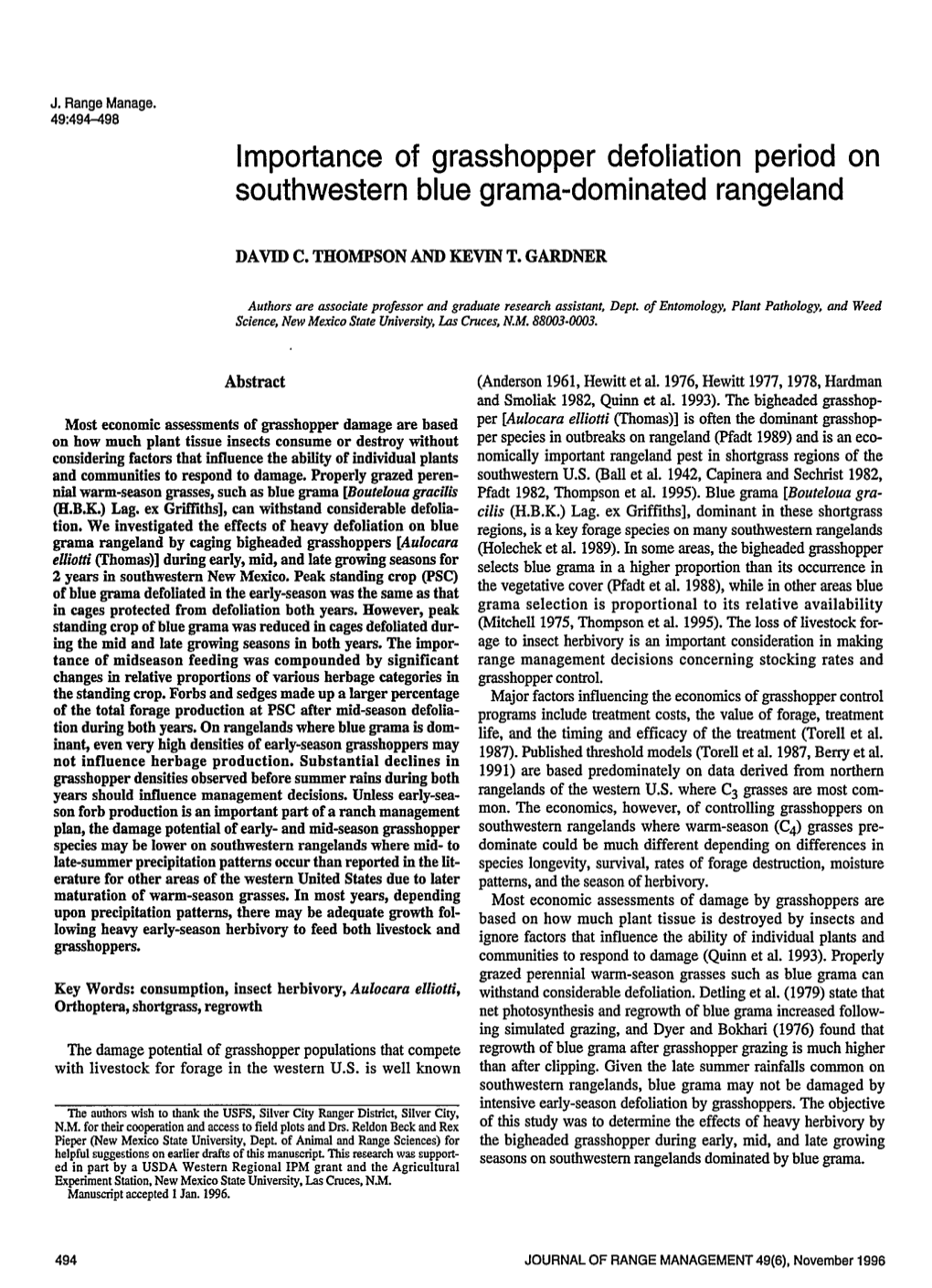 Importance of Grasshopper Defoliation Period on Southwestern Blue Grama-Dominated Rangeland