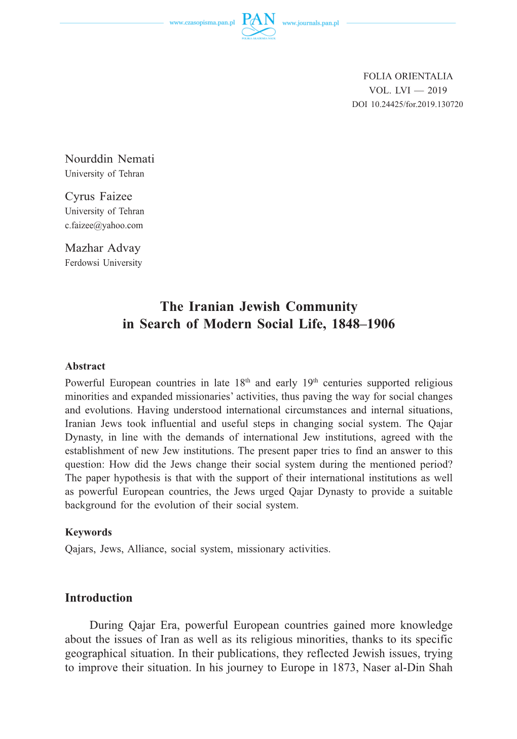 The Iranian Jewish Community in Search of Modern Social Life, 1848–1906