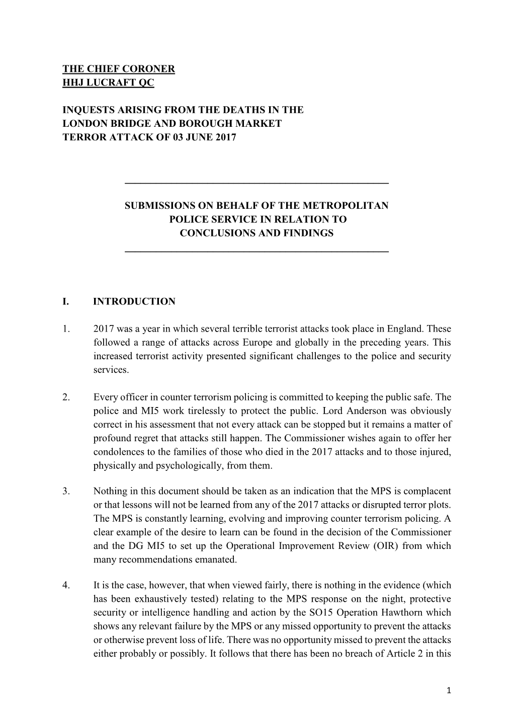 Metropolitan Police Service in Relation to Conclusions and Findings ______