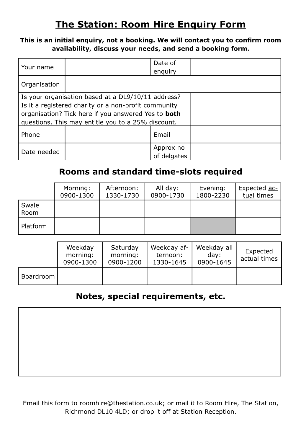 Room Hire Enquiry Form