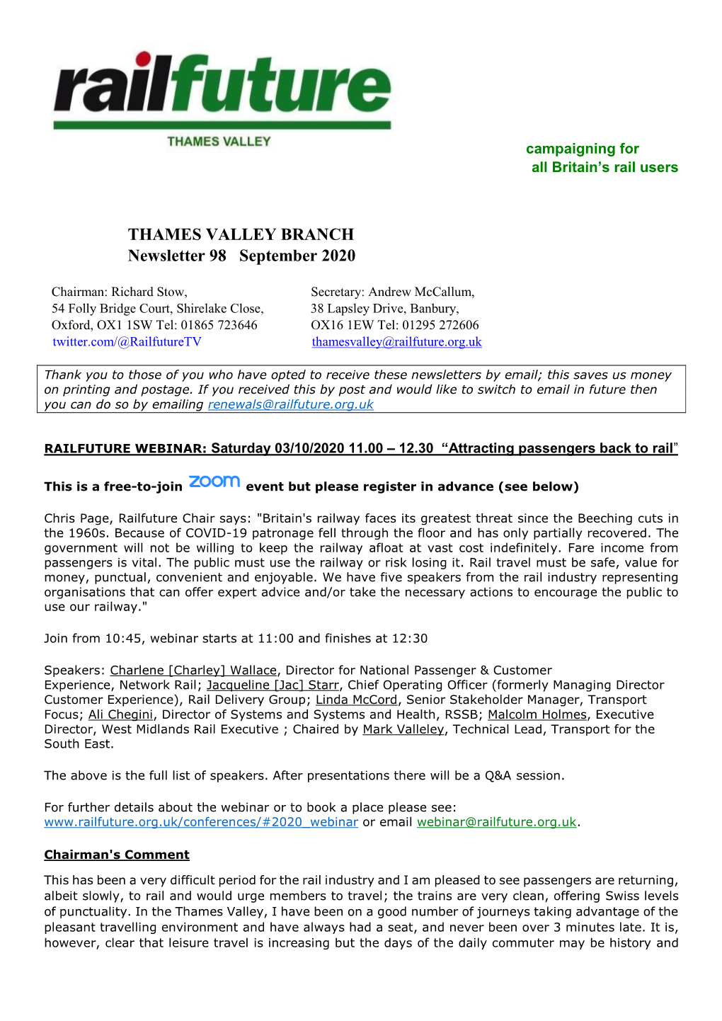 THAMES VALLEY BRANCH Newsletter 98 September 2020