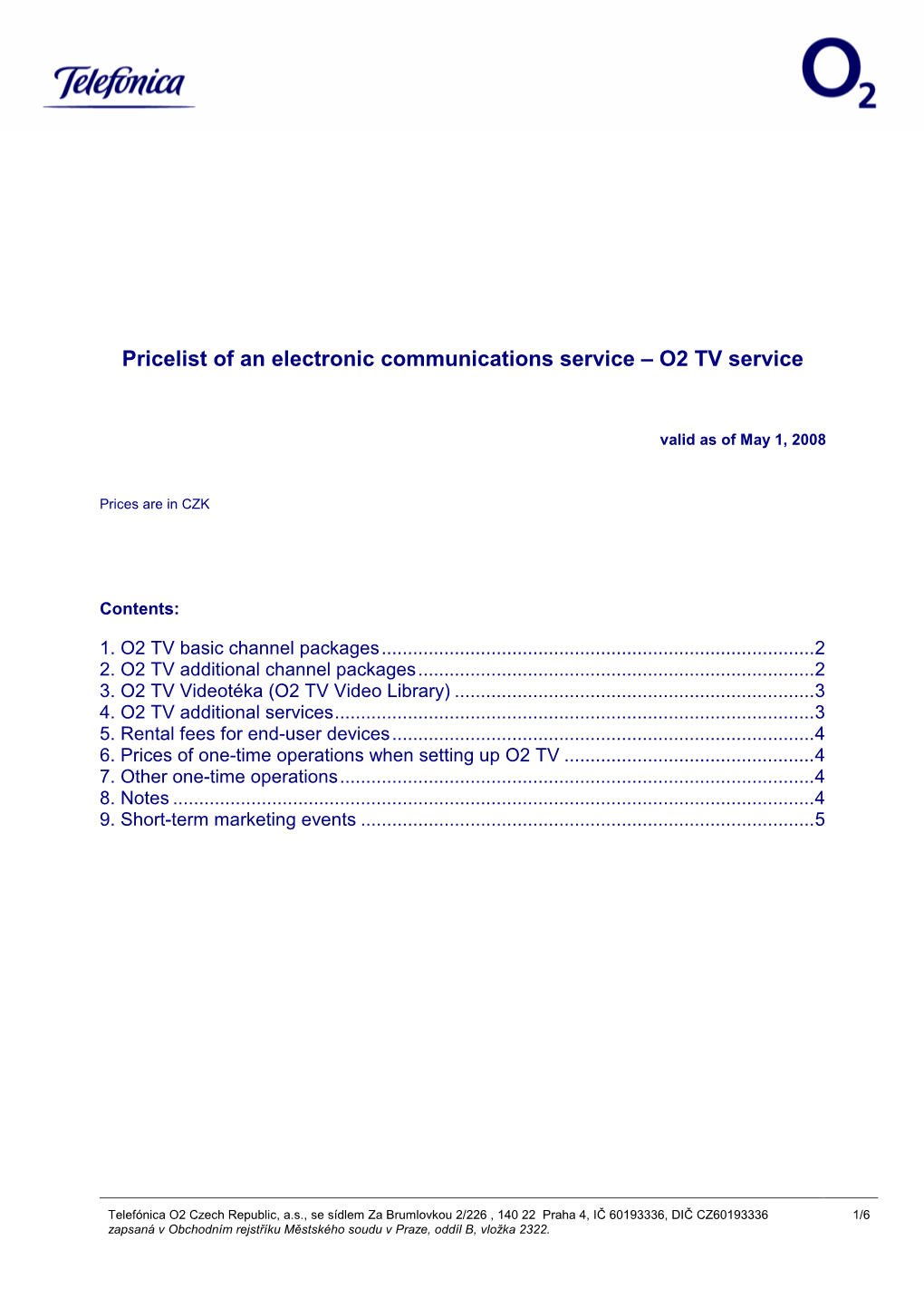 Pricelist of an Electronic Communications Service – O2 TV Service