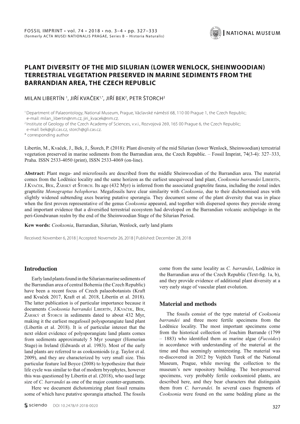 Plant Diversity of the Mid Silurian (Lower Wenlock, Sheinwoodian) Terrestrial Vegetation Preserved in Marine Sediments from the Barrandian Area, the Czech Republic