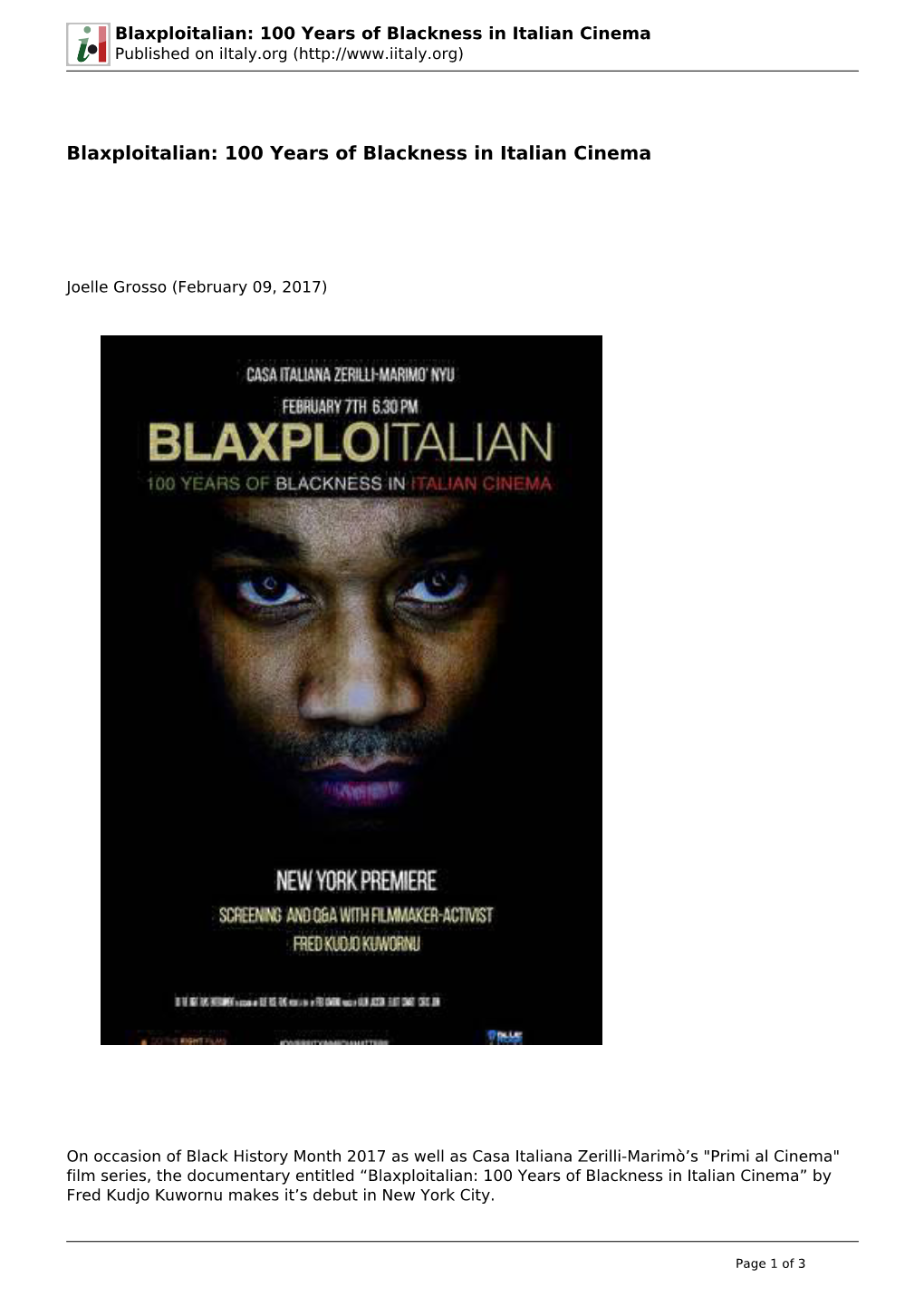 Blaxploitalian: 100 Years of Blackness in Italian Cinema Published on Iitaly.Org (