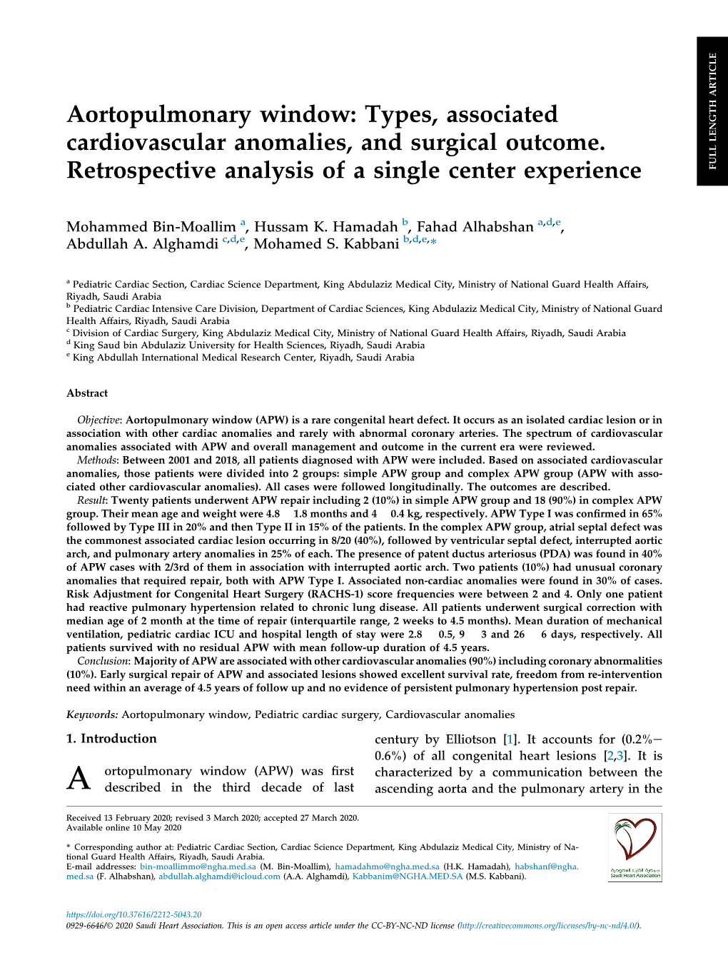 Aortopulmonary Window: Types, Associated Cardiovascular Anomalies, and Surgical Outcome