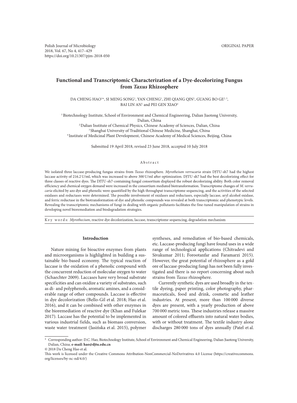 Functional and Transcriptomic Characterization of a Dye-Decolorizing Fungus from Taxus Rhizosphere