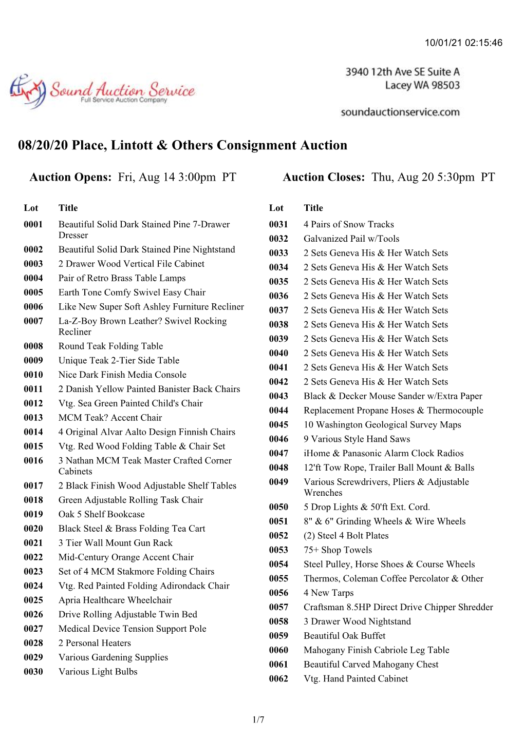 08/20/20 Place, Lintott & Others Consignment Auction