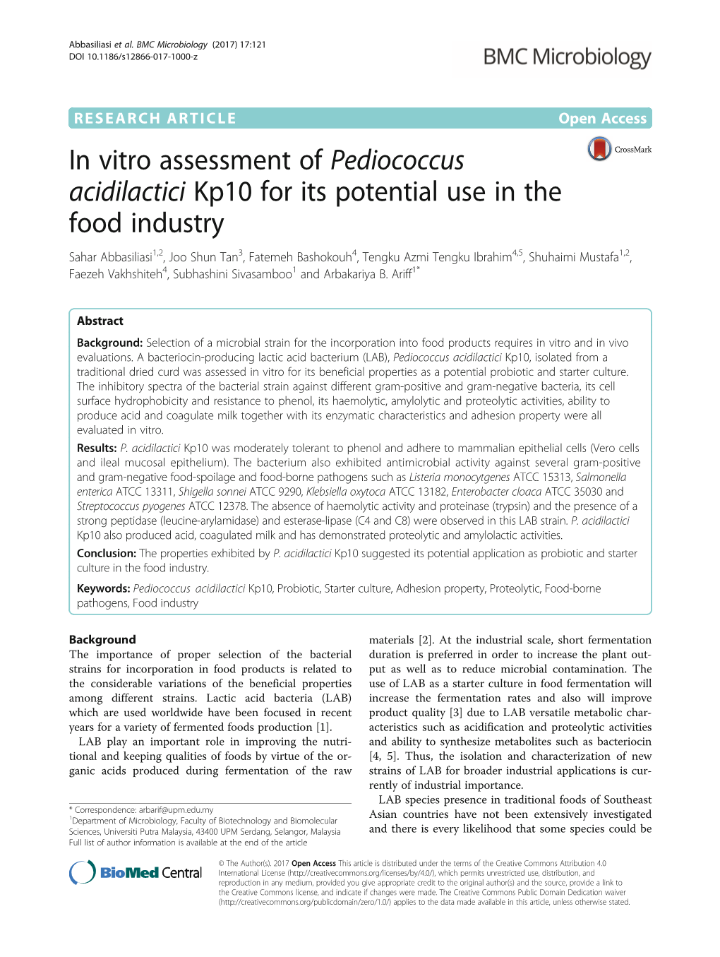 In Vitro Assessment of Pediococcus Acidilactici Kp10 for Its Potential Use