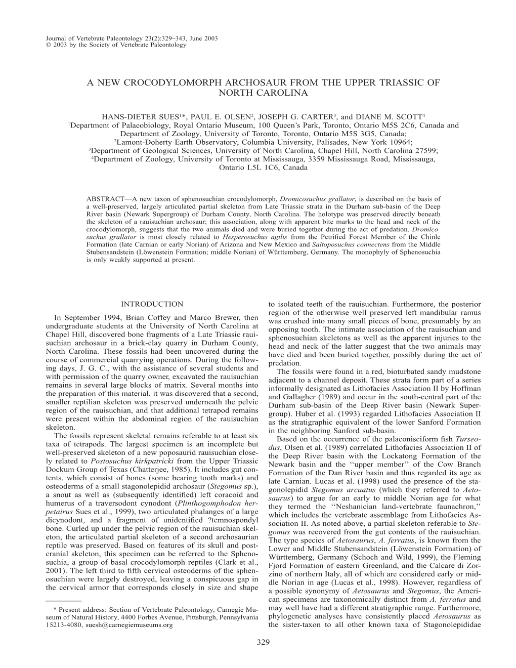 A New Crocodylomorph Archosaur from the Upper Triassic of North Carolina