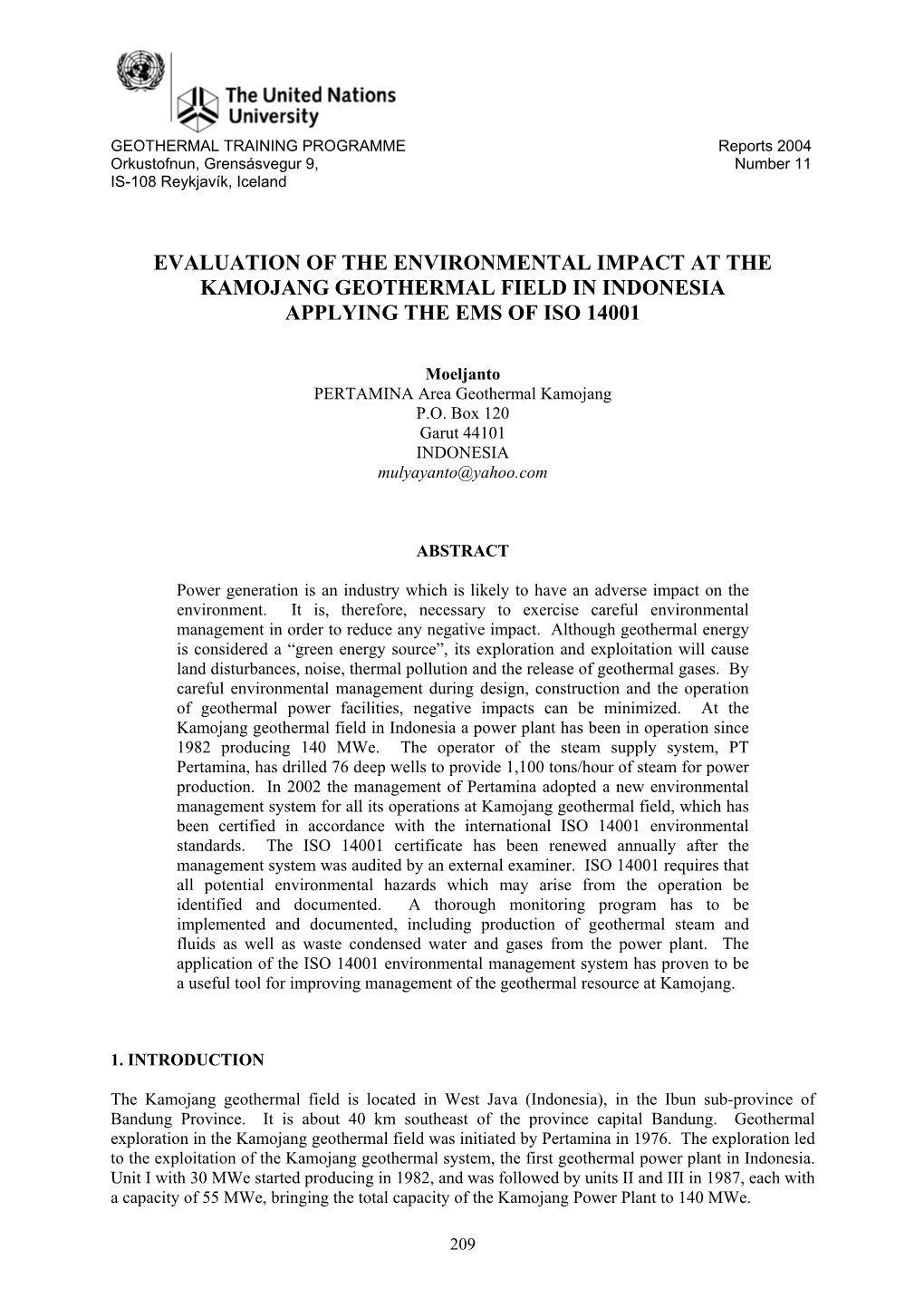 Evaluation of the Environmental Impact at the Kamojang Geothermal Field in Indonesia Applying the Ems of Iso 14001