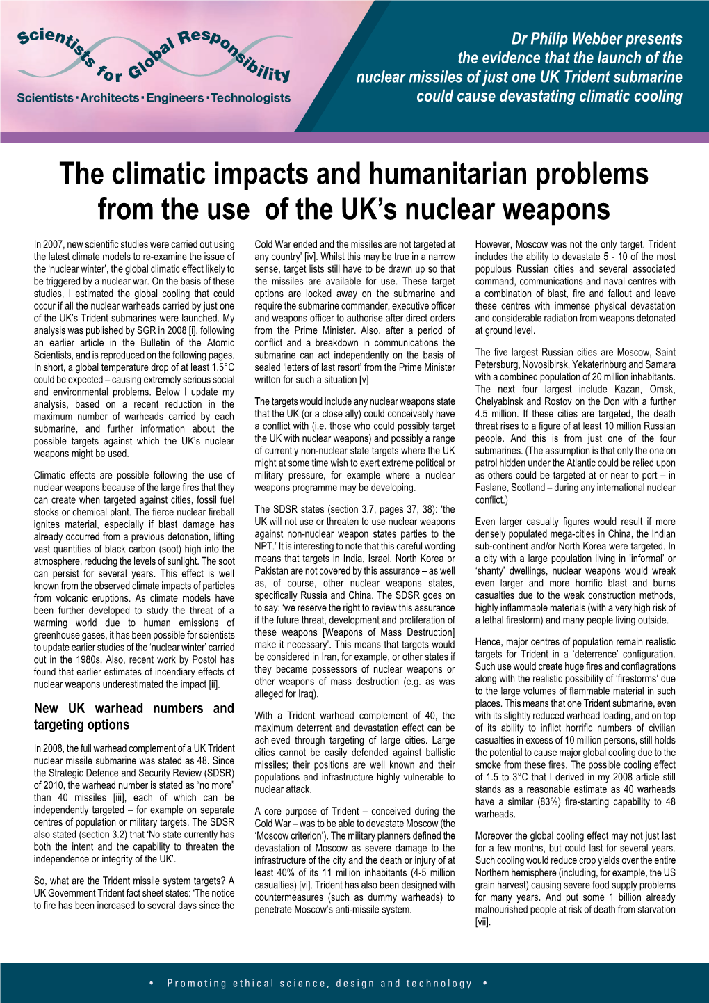 The Climatic Impacts and Humanitarian Problems from the Use of the UK's