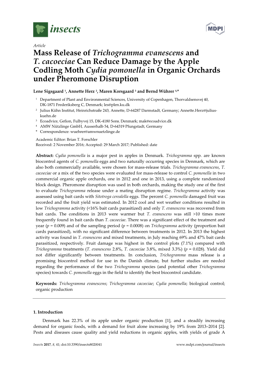 Mass Release of Trichogramma Evanescens and T. Cacoeciae Can Reduce Damage by the Apple Codling Moth Cydia Pomonella in Organic Orchards Under Pheromone Disruption