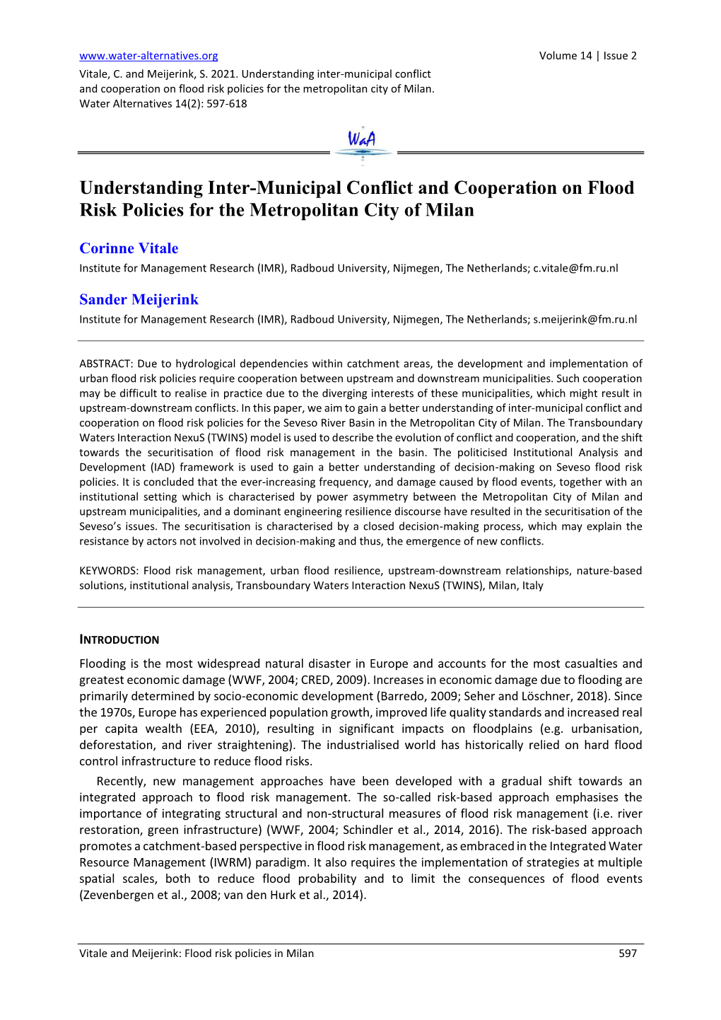 Understanding Inter-Municipal Conflict and Cooperation on Flood Risk Policies for the Metropolitan City of Milan
