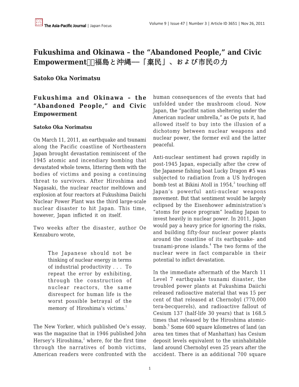 Fukushima and Okinawa – the “Abandoned People,” and Civic Empowerment 福島と沖縄−−「棄民」、および市民の力
