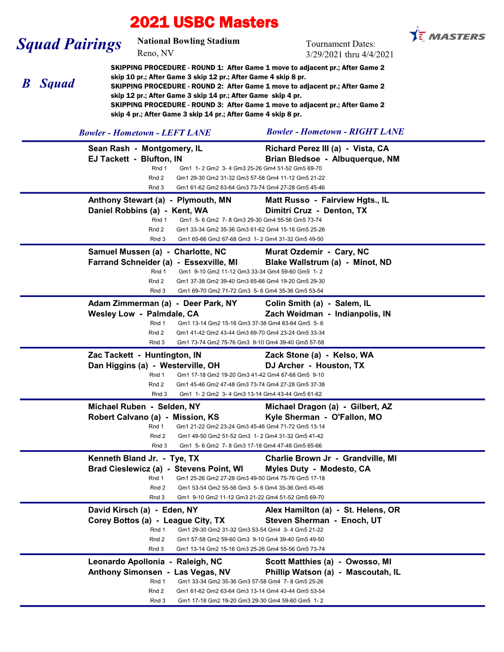 Squad Pairings 2021 USBC Masters