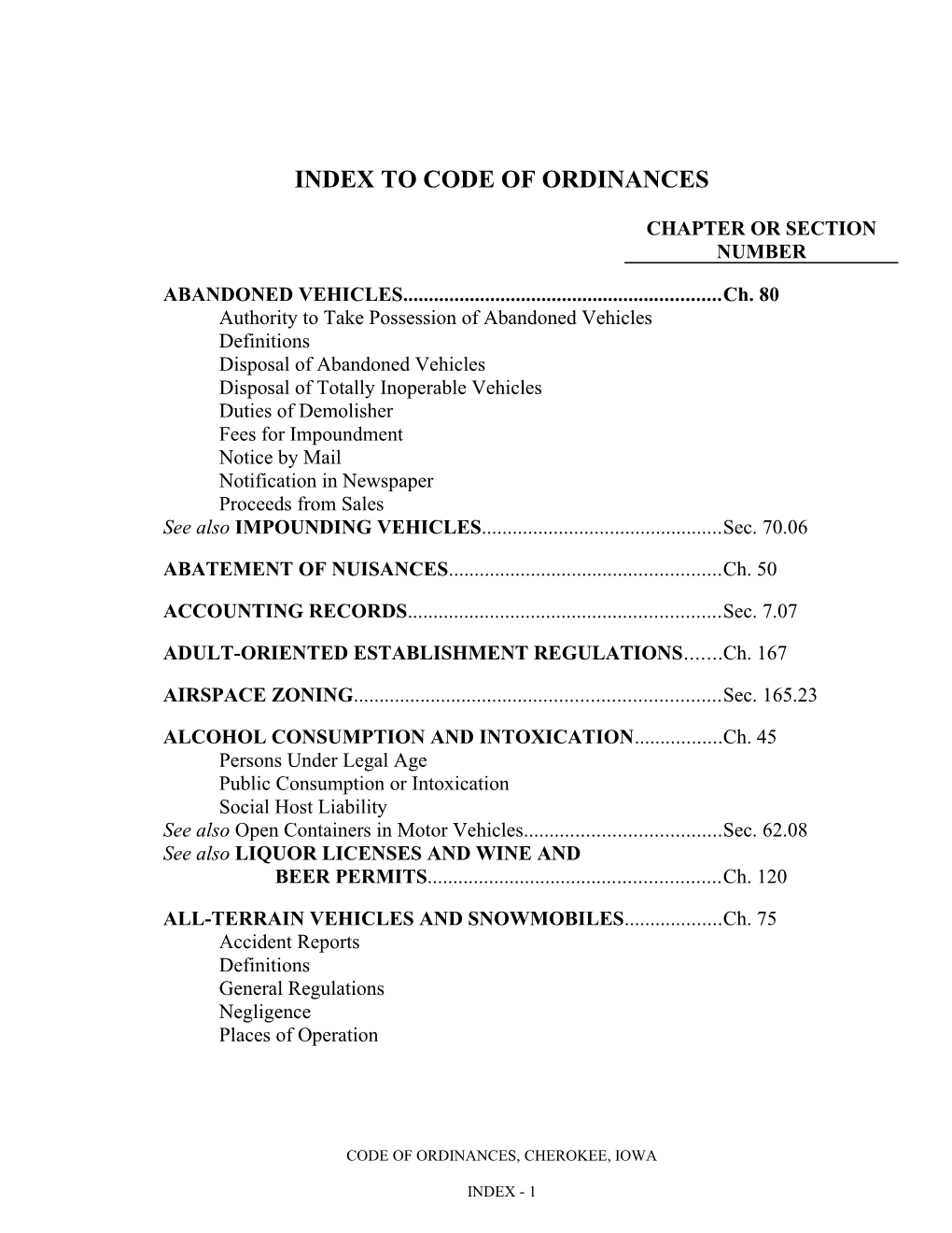 Index to Code of Ordinances