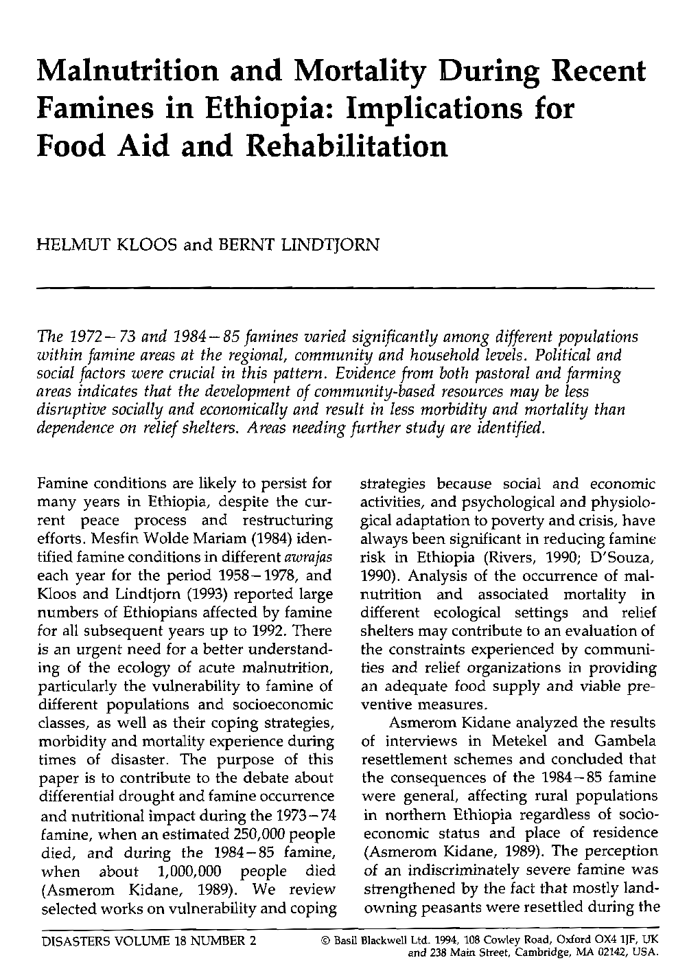 Famines in Ethiopia: Implications for Food Aid and Rehabilitation