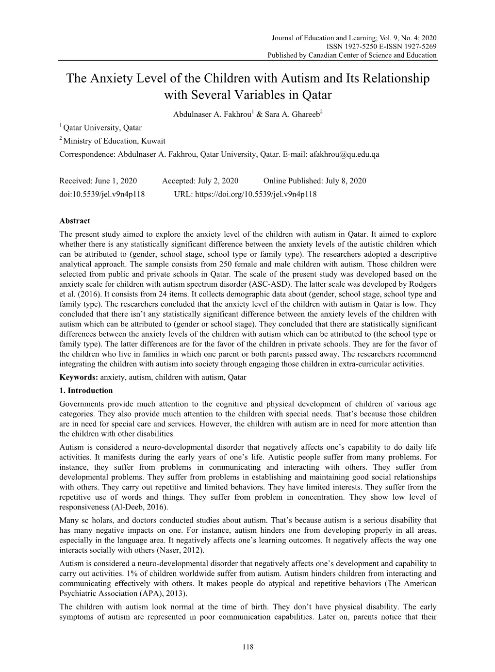 The Anxiety Level of the Children with Autism and Its Relationship with Several Variables in Qatar