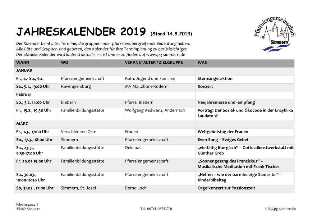 JAHRESKALENDER 2019 (Stand 14.8.2019) Der Kalender Beinhaltet Termine, Die Gruppen- Oder Pfarreienübergreifende Bedeutung Haben