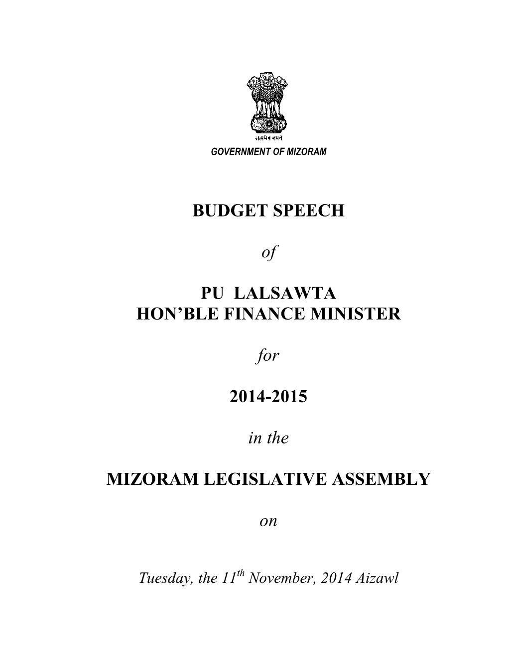 BUDGET SPEECH of PU LALSAWTA HON'ble FINANCE