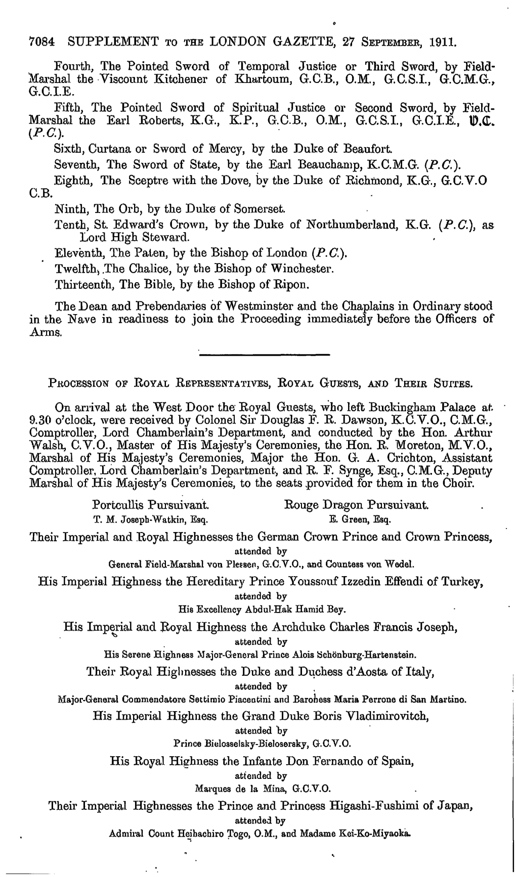 7084 Supplement to the London Gazette, 27 September, 1911