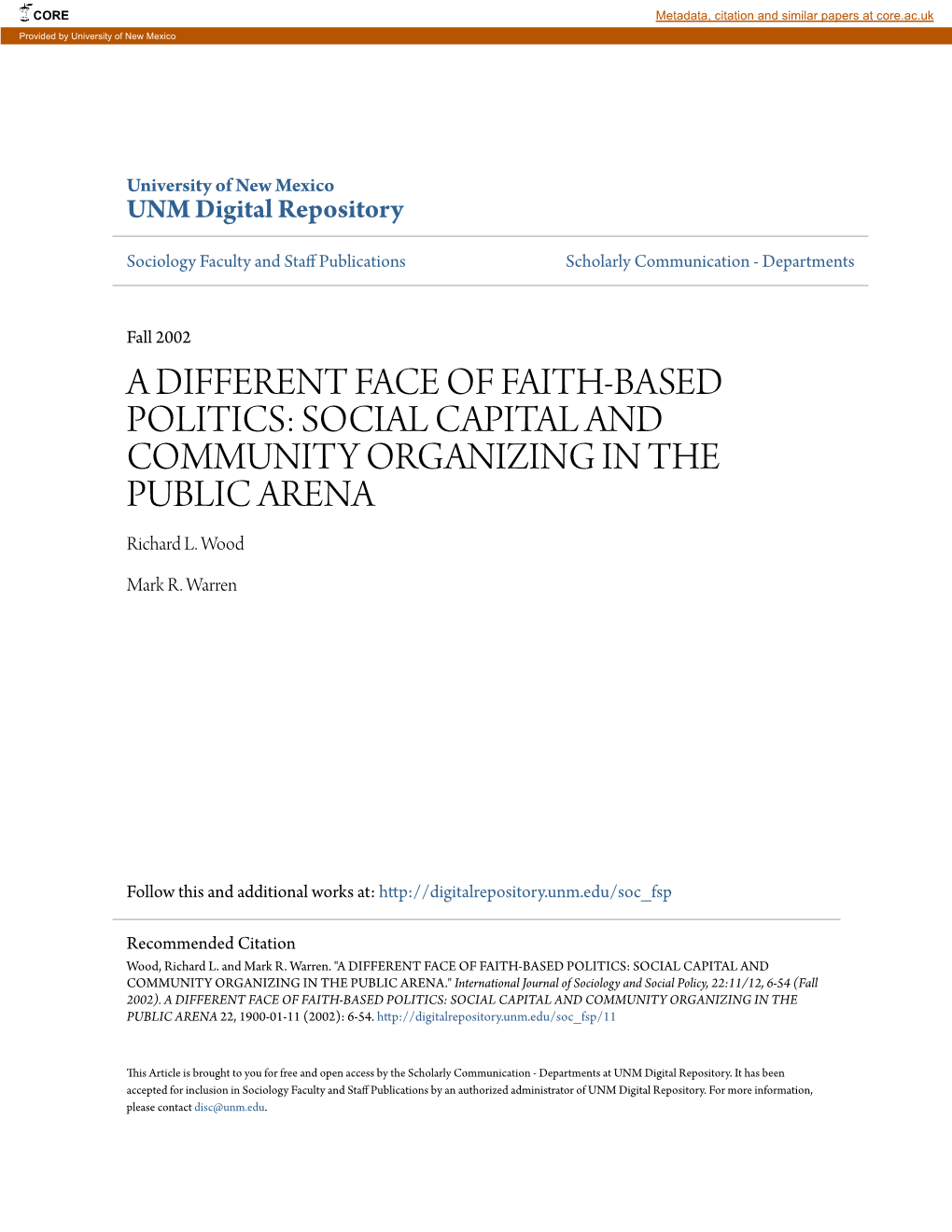 SOCIAL CAPITAL and COMMUNITY ORGANIZING in the PUBLIC ARENA Richard L