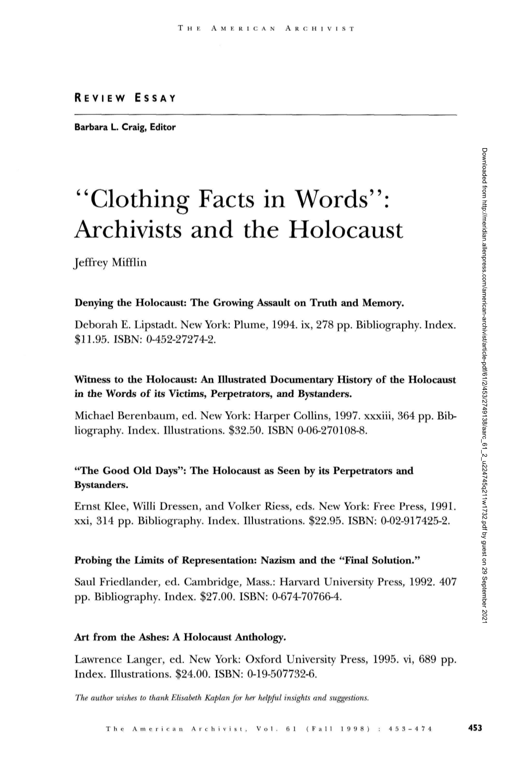 Archivists and the Holocaust Jeffrey Mifflin