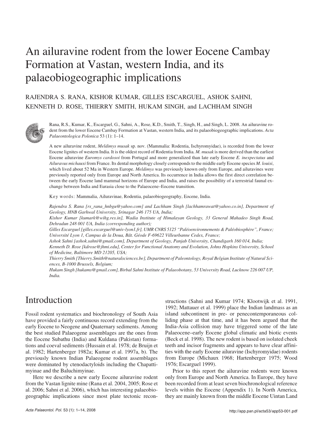 An Ailuravine Rodent from the Lower Eocene Cambay Formation at Vastan, Western India, and Its Palaeobiogeographic Implications