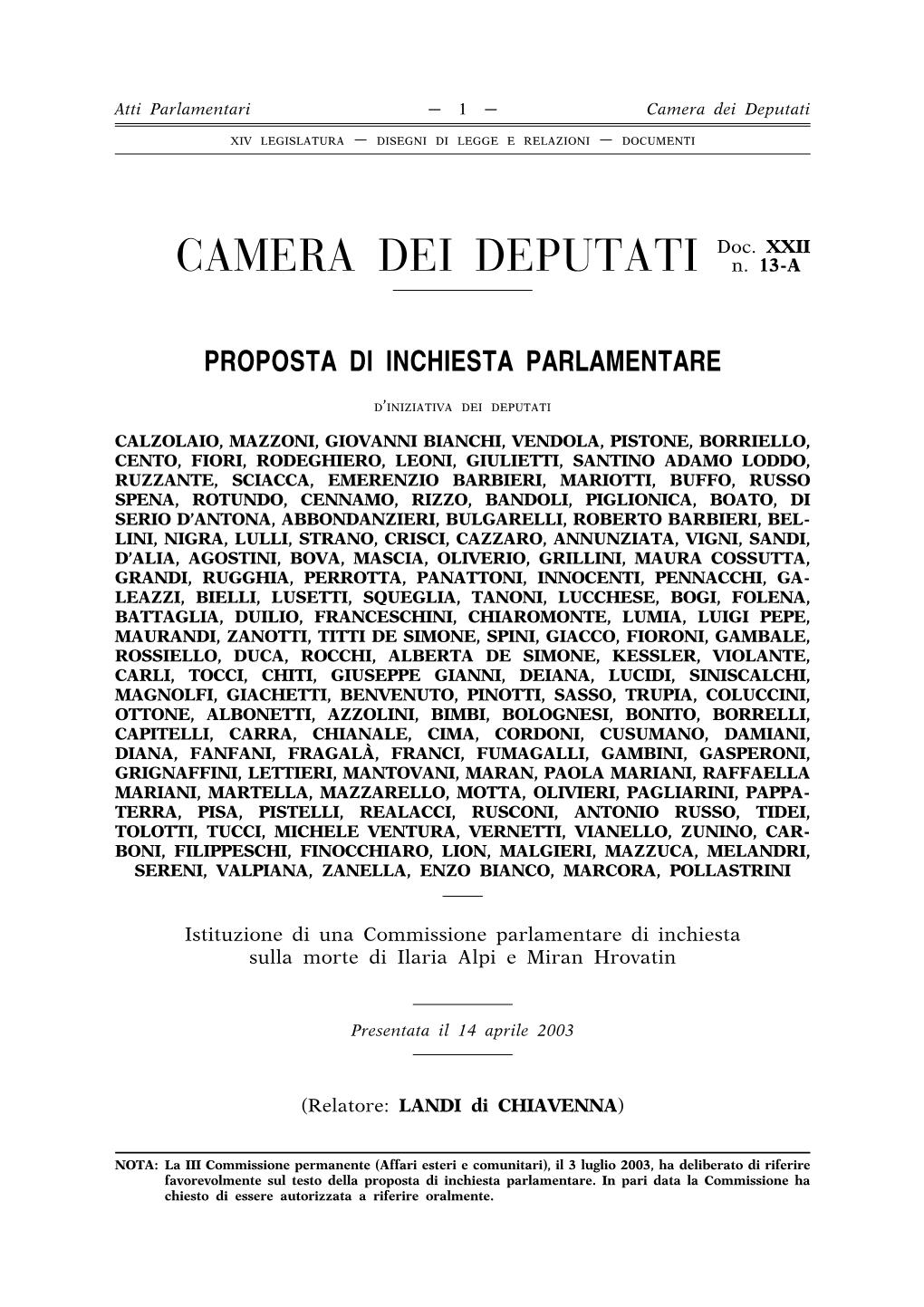 CAMERA DEI DEPUTATI Doc. XXII