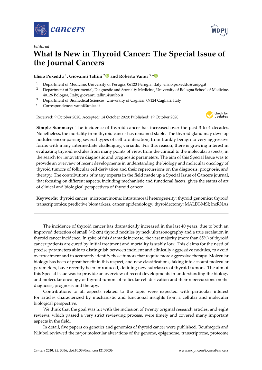 What Is New in Thyroid Cancer: the Special Issue of the Journal Cancers