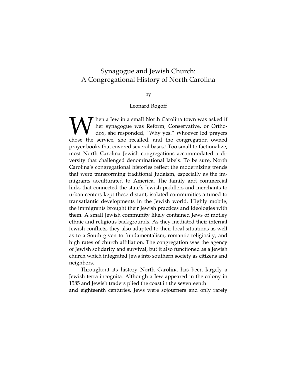 Synagogue and Jewish Church: a Congregational History of North Carolina