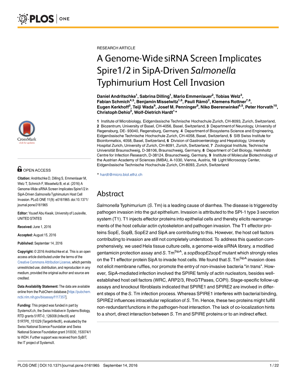 A Genome-Wide Sirna Screen Implicates Spire1/2 in Sipa-Driven Salmonella Typhimurium Host Cell Invasion