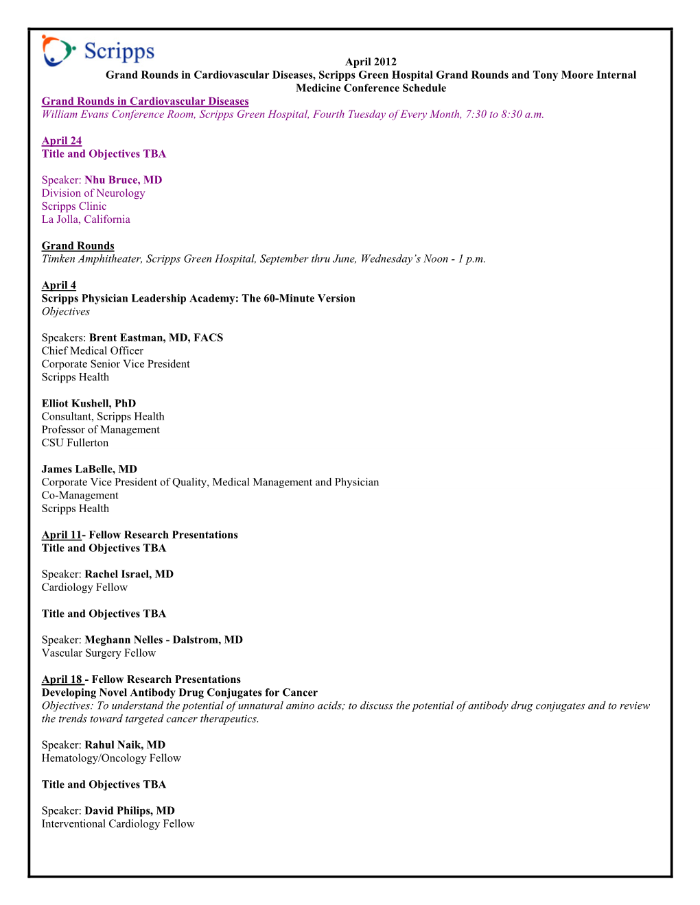 April 2012 Grand Rounds in Cardiovascular Diseases, Scripps