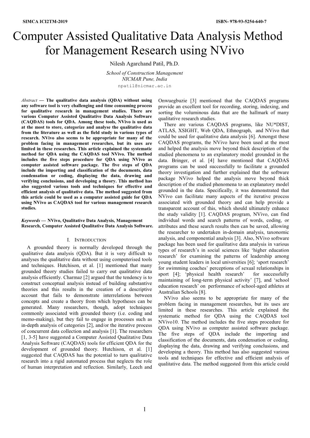 Computer Assisted Qualitative Data Analysis Method for Management Research Using Nvivo Nilesh Agarchand Patil, Ph.D