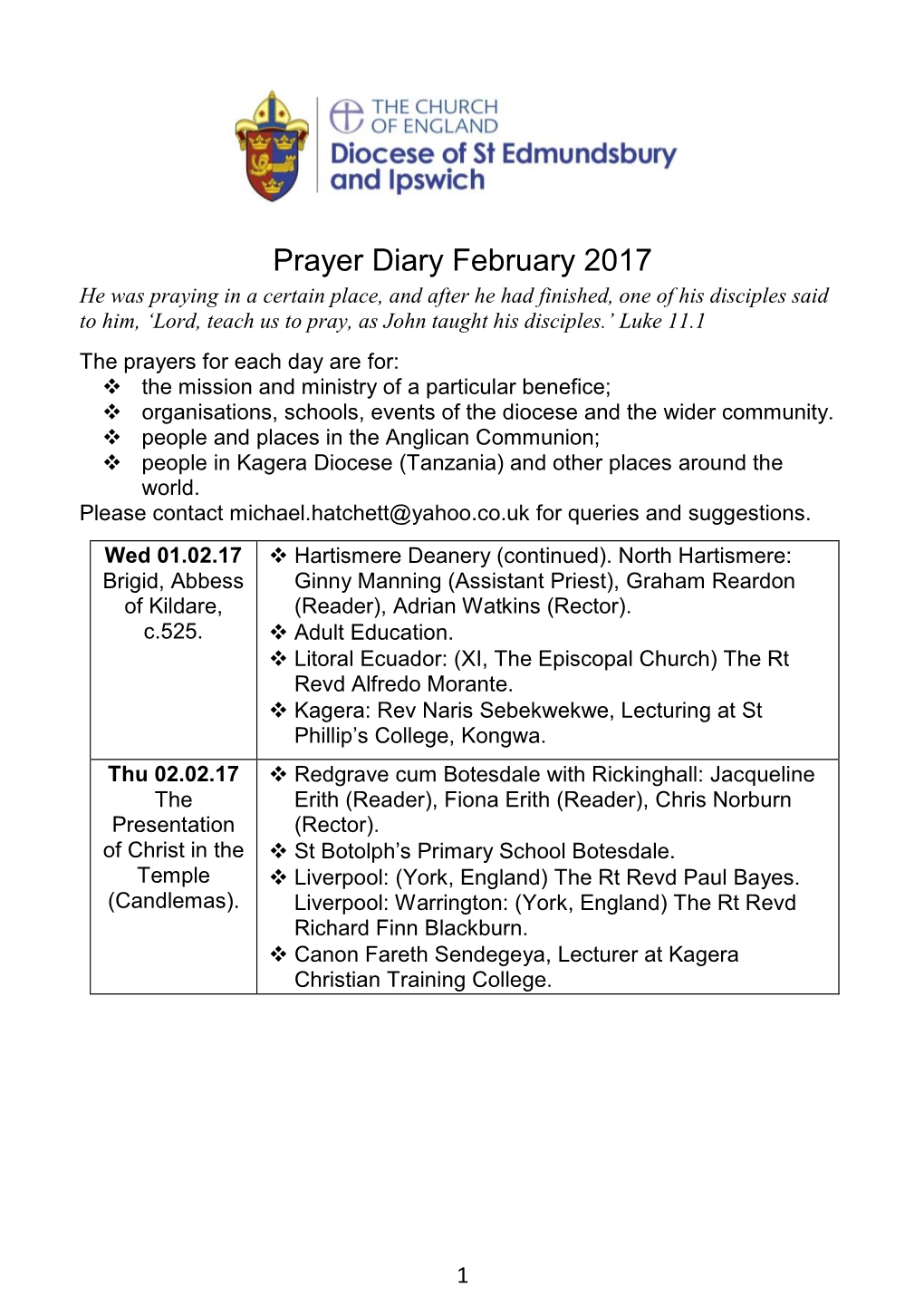 Prayer Diary February 2017