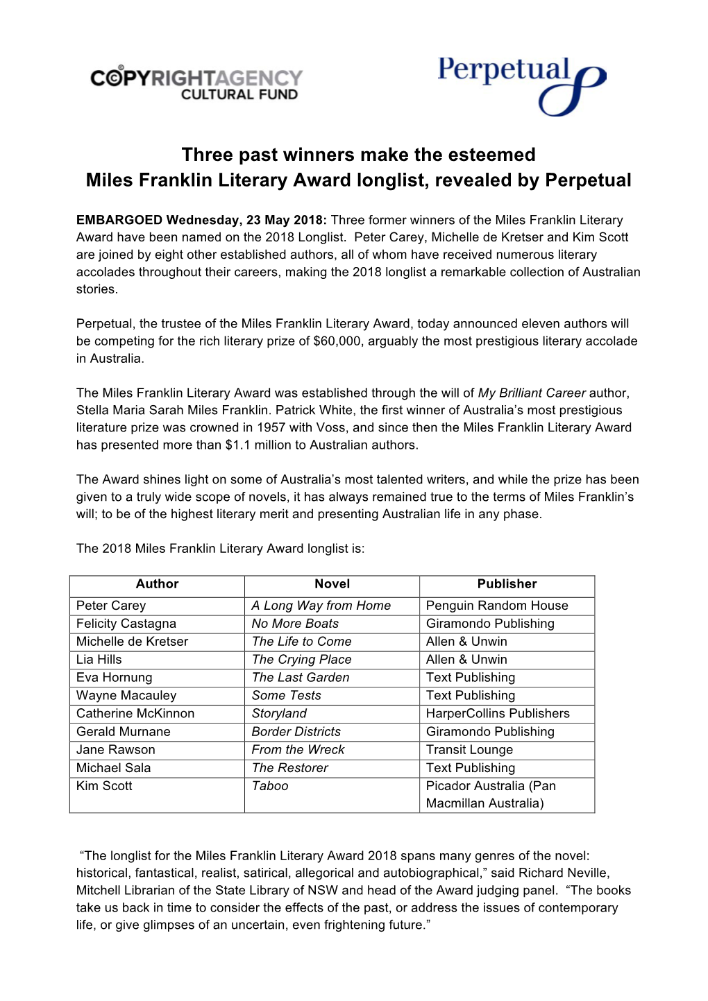 Embargoed 23.5.18 MFLA Longlist Announcement MR