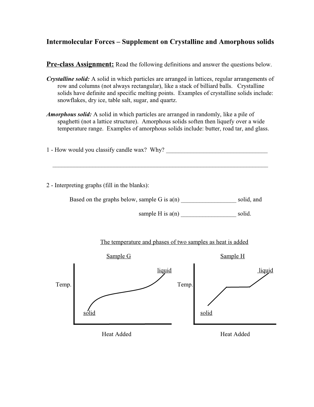 Intermolecular Forces Supplement on Crystalline and Amorphous Solids