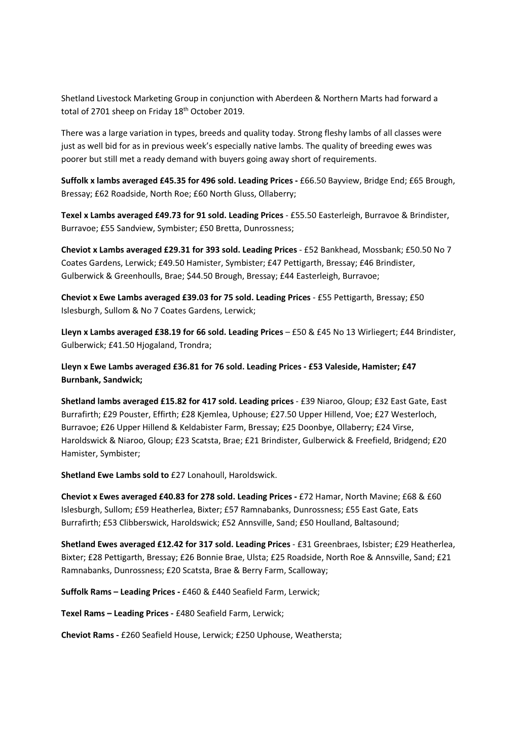 Shetland Livestock Marketing Group in Conjunction with Aberdeen & Northern Marts Had Forward a Total of 2701 Sheep on Friday 18 Th October 2019