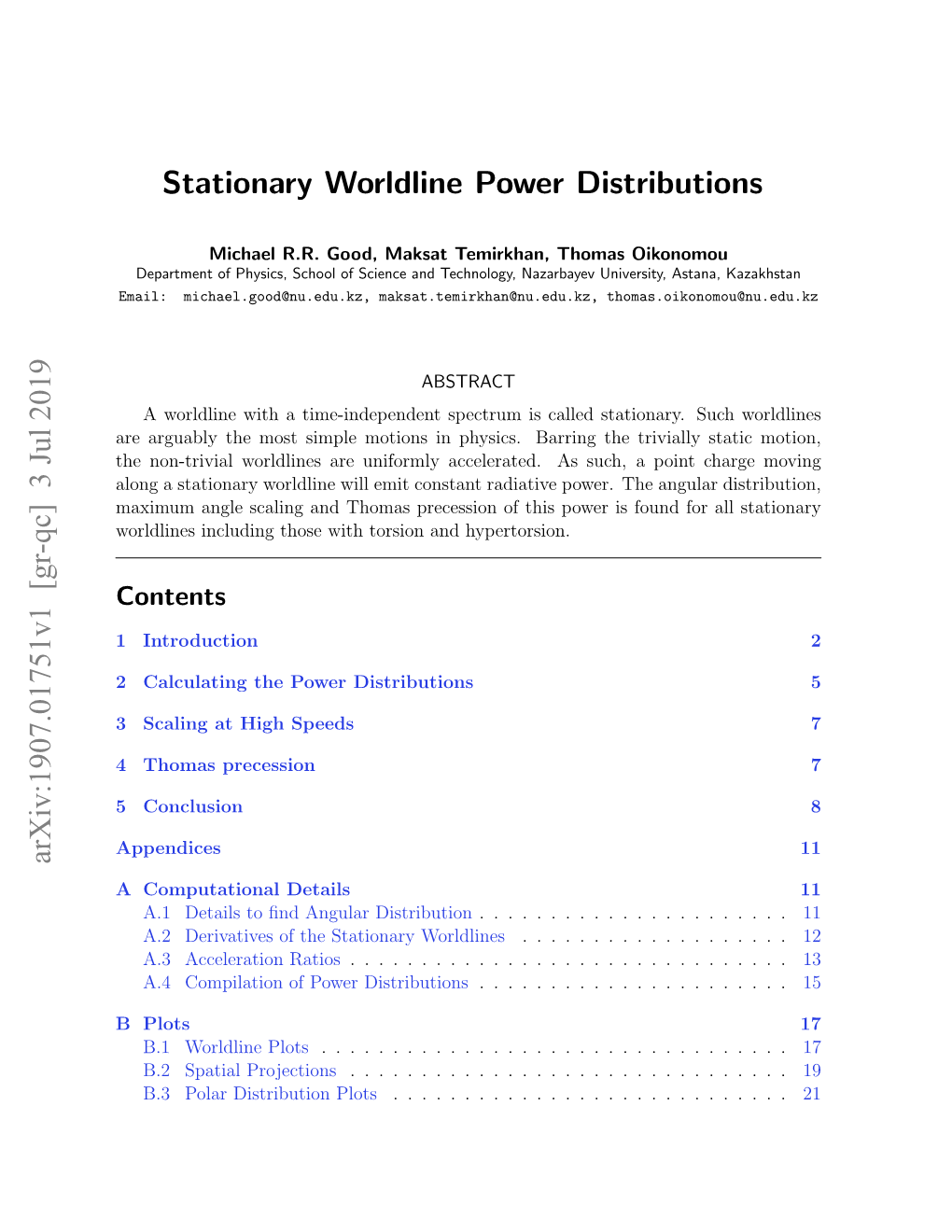 Stationary Worldline Power Distributions Arxiv:1907.01751V1 [Gr-Qc]