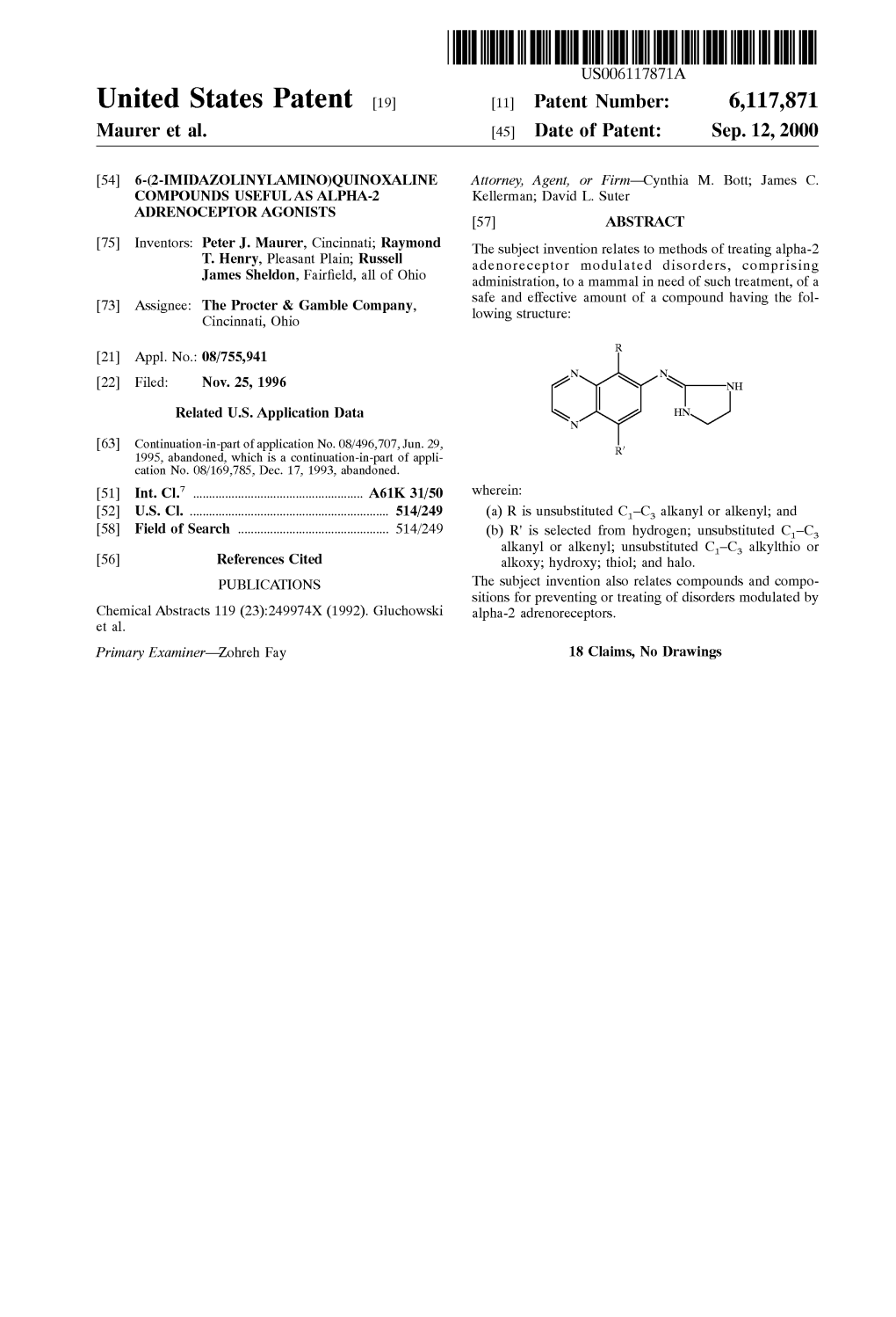 United States Patent (19) 11 Patent Number: 6,117,871 Maurer Et Al